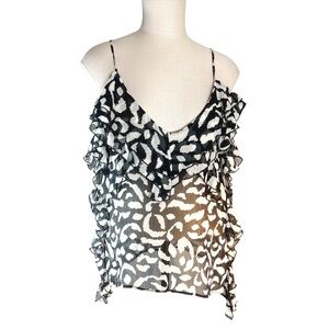 Zara Ruffle V Neck Leopard Print Camisole Size XS Black / Cream Animal P…